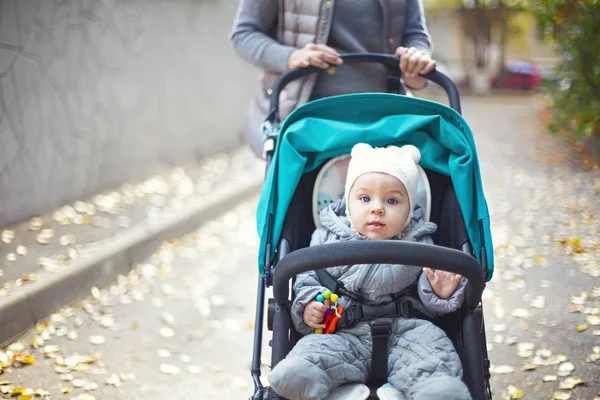 Jeune femme blonde avec poussette allant se promener dans un parc — Photo