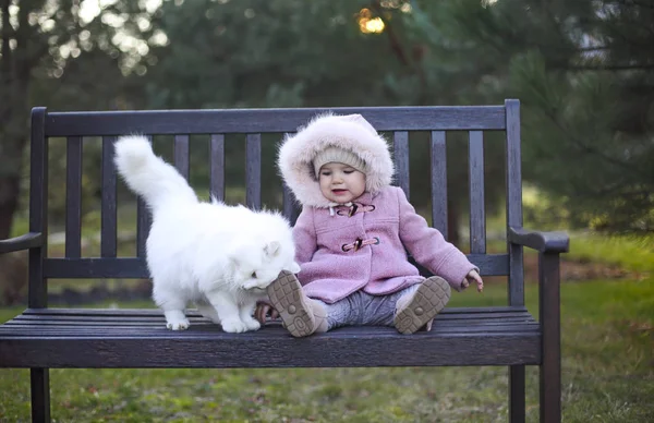 Sonbahar kıyafeti ve beyaz kedi sittin giyen küçük sevimli bebek kız — Stok fotoğraf