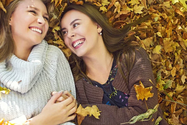 Fashionable beautiful young girls together in the autumn p — стоковое фото