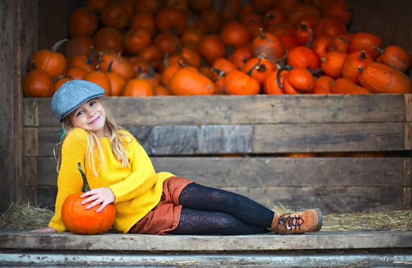 Sonbahar kabak yama arka plan mutlu küçük kız — Stok fotoğraf
