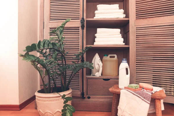 Evdeki Temizlik Malzemelerinin Olduğu Ahşap Retro Dolap — Stok fotoğraf