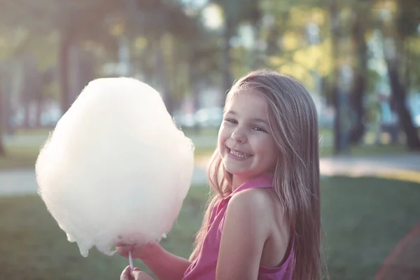 Happy Little Girl Sweet Cotton Candy Summer Park — Stock Photo, Image