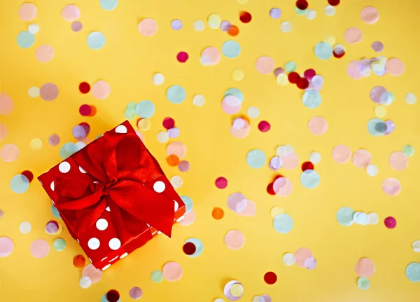 Top View Red Polka Dot Gift Box Ribbon Placed Yellow — Stock Photo, Image