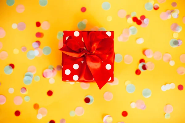 Top View Red Polka Dot Gift Box Ribbon Placed Yellow — Stock Photo, Image