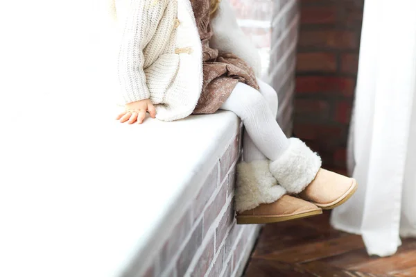 Faceless Little Girl Warm Clothes Footwear Sitting Windowsill — Stock Photo, Image