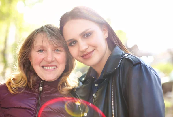 Young Brunette Leather Jacket Standing Close Loving Grandmother Smiling Camera — Stock Photo, Image