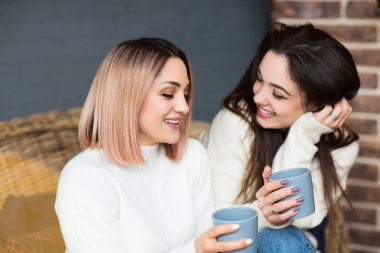 Neşeli, modern, fincanları olan, kahve içip sohbet eden, gri duvarda otururken eğlenen kadın arkadaşlar.