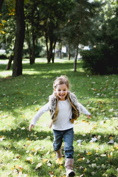 Menina Feliz Parque Outono Usando Colete Infância Felicidade Conceito Estação — Fotografia de Stock