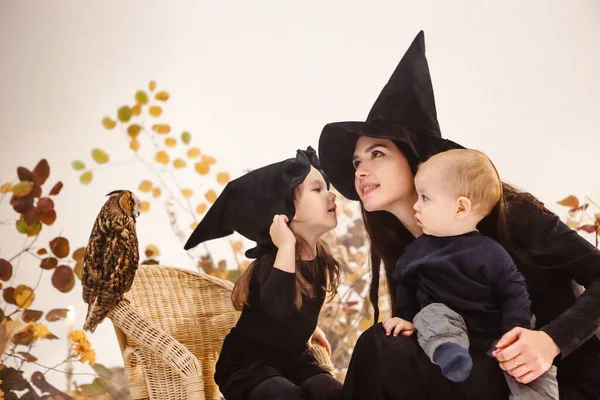 Feliz Madre Hijos Vistiendo Trajes Negros Espeluznantes Brujas Estudio Con — Foto de Stock