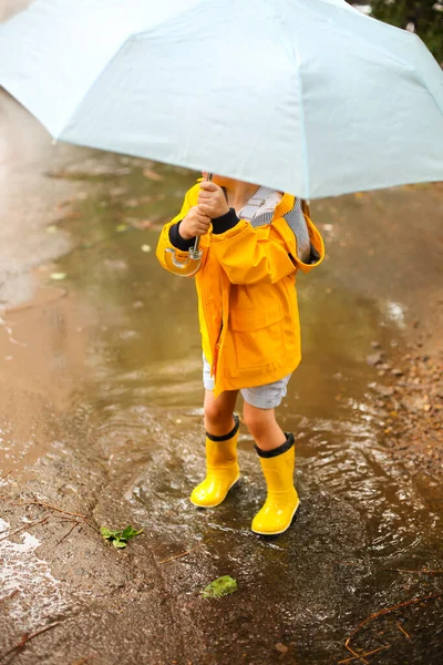 小さな女の子身に着けています黄色のコートとブーツ下青傘で雨の日 — ストック写真