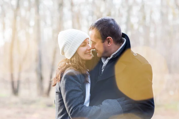 Side View Cheerful Affectionate Adult Man Woman Warm Clothes Embracing — Stock Photo, Image
