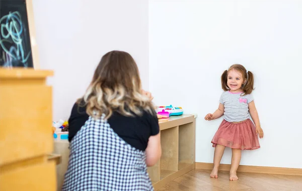 Cute Little Girl Woman Playing Table Various Toys While Enjoying — Stock Photo, Image