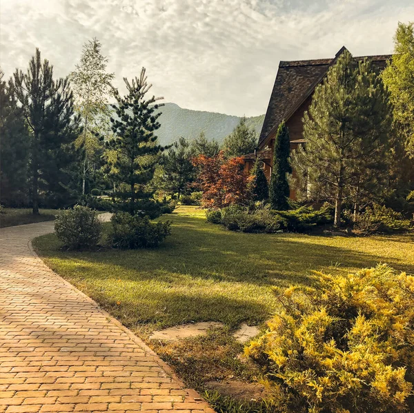 Maison Campagne Bois Confortable Située Sur Une Prairie Verte Entourée — Photo