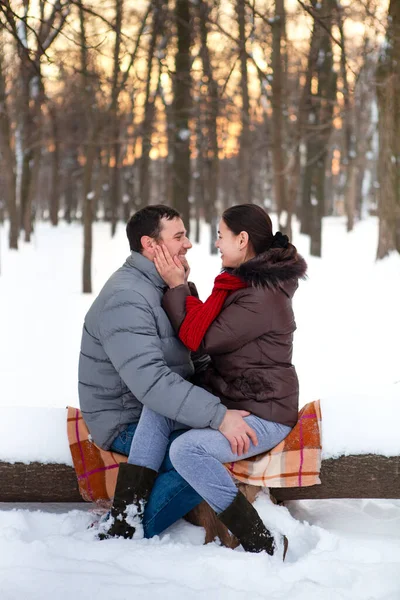 Side View Young Happy Couple Warm Wear Sitting Log Smiling — Stock Photo, Image