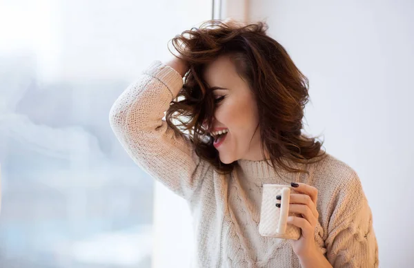 Crop Stylish Lady Sniffing Aromatic Hot Drink While Resting Window — Stock Photo, Image