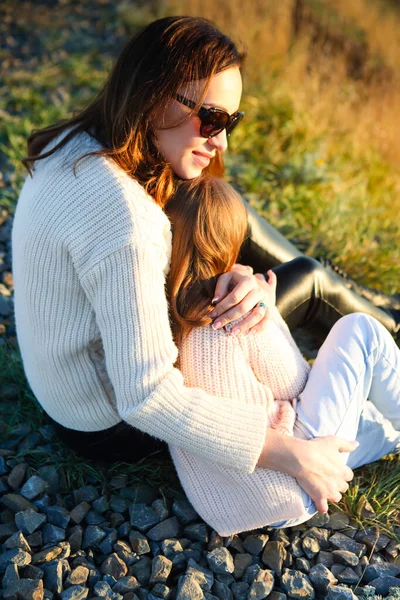 Portrait Young Mother Her Little Daughter Outdoors Sunny Autumn Day — Stock Photo, Image