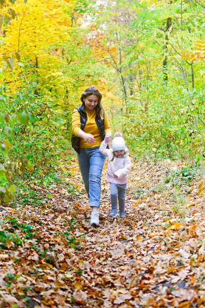 妈妈和女儿在秋天的公园里玩耍 父母和孩子摔倒在森林里散步 — 图库照片