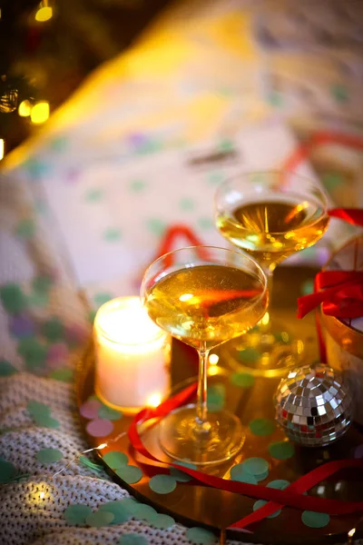 Elegant Present Goblets Champagne Placed Candle Small Disco Ball Tray — Stock Photo, Image