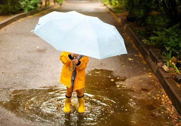 Little Girl Wearing Yellow Coat Boots Blue Umbrella Rainy Day — Stock Photo, Image