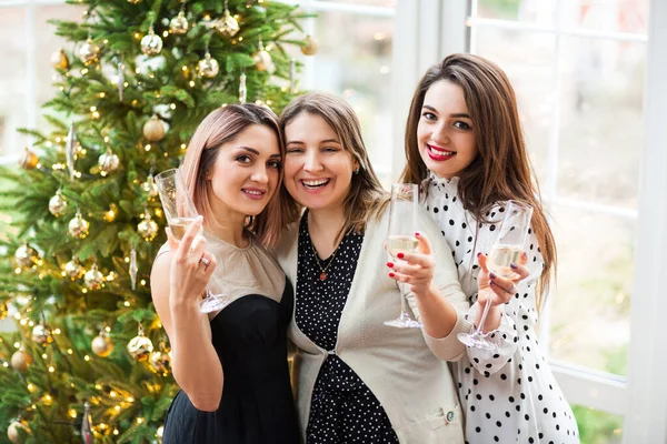 Kvinnliga Vänner Klinkande Glas Vin Samtidigt Kul Lyx Fest Tillsammans — Stockfoto