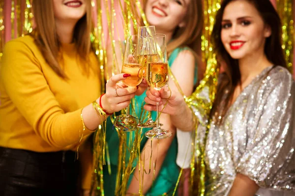 Amigas Tintineando Copas Vino Mientras Divierten Durante Fiesta Lujo Juntas —  Fotos de Stock