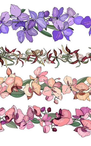 Escovas de padrão infinito feitas de orquídeas exóticas . —  Vetores de Stock