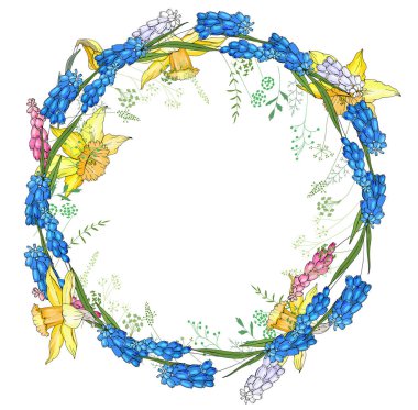 Bahar ile yuvarlak garland nergis çiçek ve ve küçük mavi çiçekler.