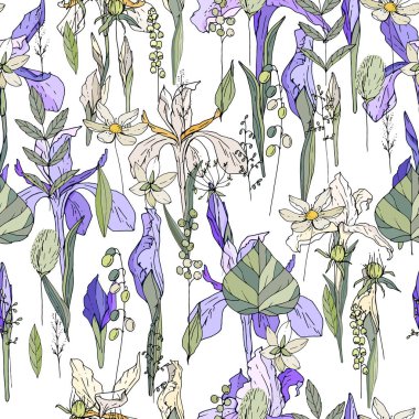 İris ve otlar ile Seamless modeli. Tasarımınız için sonsuz doku