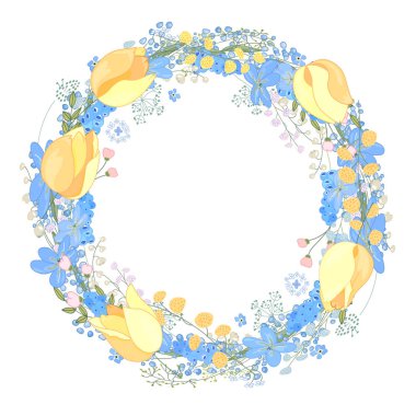 Yuvarlak kare güzel çiçekler muscari ve metin mutlu paskalyalar. Sezon tasarımınız için Festival çiçek daire.