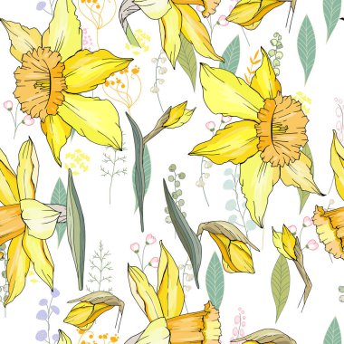 Sarı nergis ile sorunsuz çiçek dekoratif desenli. Tasarım, kumaşlar, dekor için sonsuz doku.