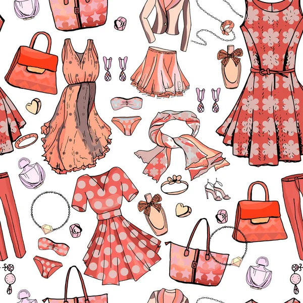 여자와 원활한 드레스 브래지어 액세서리 디자인에 텍스처 빨간색과 색깔에 개체입니다 — 스톡 벡터