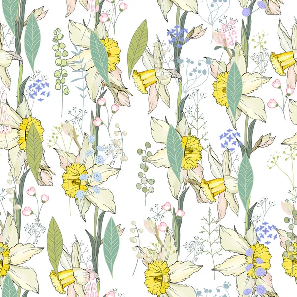 Padrão Decorativo Floral Sem Costura Com Narcisos Amarelos Textura Infinita — Vetor de Stock