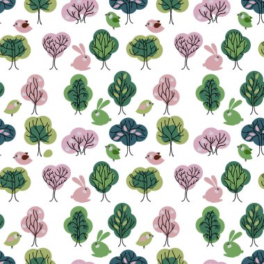 Bahar orman ile Seamless modeli. Paskalya ve sezon tasarım, Dekorasyon, tebrik kartları, afiş, davetiye, reklam için ağaçları ile sonsuz doku.