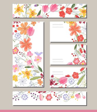Kontur çiçekli yaz şablonları. Şablon tasarım, tebrik kartları, bayram Duyurular, posterler için.