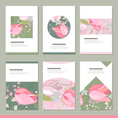 Altı çiçek romantik şablonları ile ayarlayın. Lale ve otlar