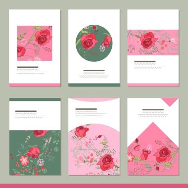 Altı çiçek romantik şablonları ile ayarlayın. Gül ve otlar