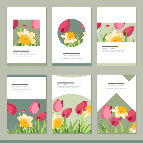 Set mit sechs floralen romantischen Vorlagen. Tulpen, Narzissen und Kräuter — Stockvektor