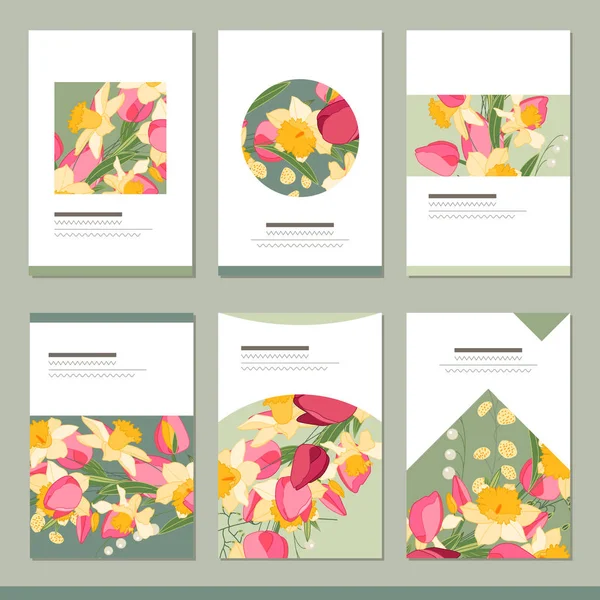 Set con seis plantillas románticas florales. Tulipanes, narcisos y hierbas — Vector de stock