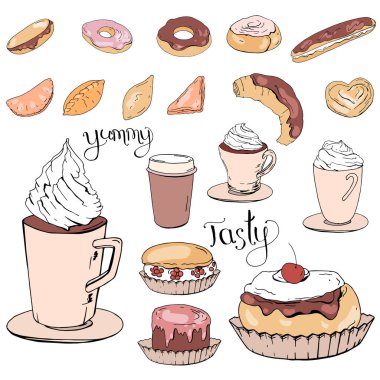 Farklı içecekler, pasta ve tatlılar.