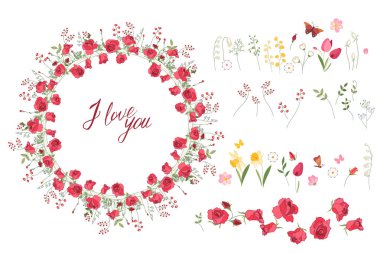 Sevimli çiçek yaz öğelerle demet lale, gül.