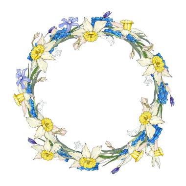 Bahar çiçekleri scilla ve Nergis ile yuvarlak garland. Dekoratif saeson Festival tasarımı için çerçeve çiçek
