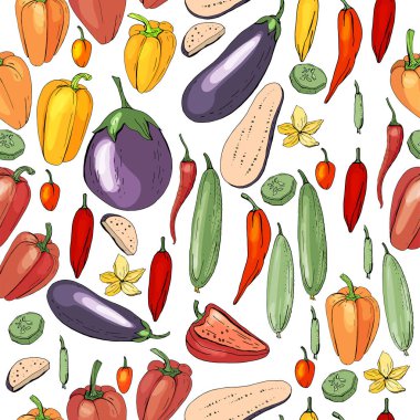 Sebzeli - domates, salatalık, biber ve eggplat sorunsuz panntern. Gıda tasarımı için sonsuz doku