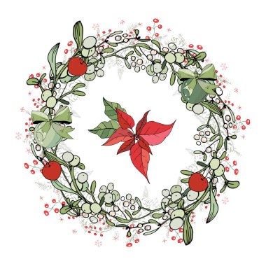 Güzel çelengi Noel dekorasyonu ile. Yuvarlak garland sezon şenlikli elemanları ile dekore edilmiştir. Hat ifade mutlu yeni yıl. Sezon için tebrik kartları, posterler, reklam. Vintage tarzı.