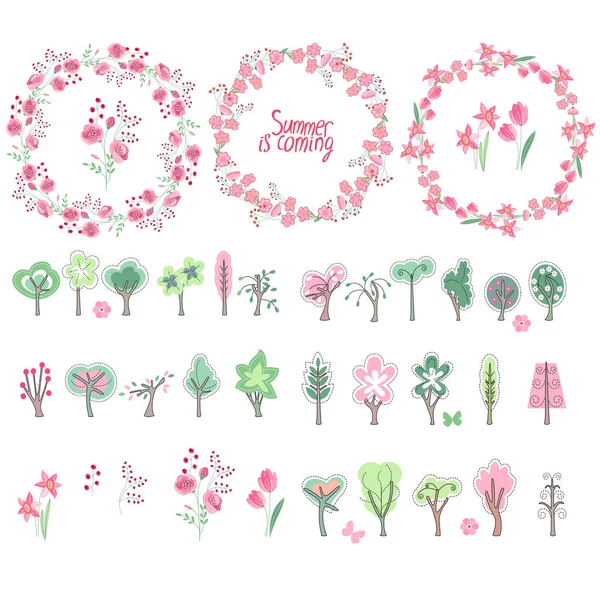 夏季元素 夏天就要来了 盛开的树木和花朵 圆形框架 模板为您的设计 节日贺卡 — 图库矢量图片