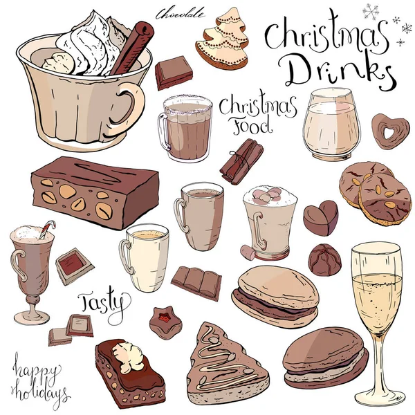 Σύνολο διαφορετικών Χριστούγεννα και χειμώνα ποτά και γλυκά. Στοιχεία που απομονώνονται σε λευκό για μενού εστιατόριο και καφετέρια. Χρώμα, χέρι. Καλλιγραφία φράση Χριστουγεννιάτικα ποτά. — Διανυσματικό Αρχείο