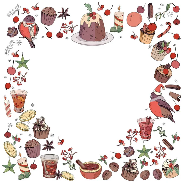 Coração feito de diferentes sobremesas de Natal de inverno, doces e alimentos. Modelo de design para restaurante e menu de café . —  Vetores de Stock