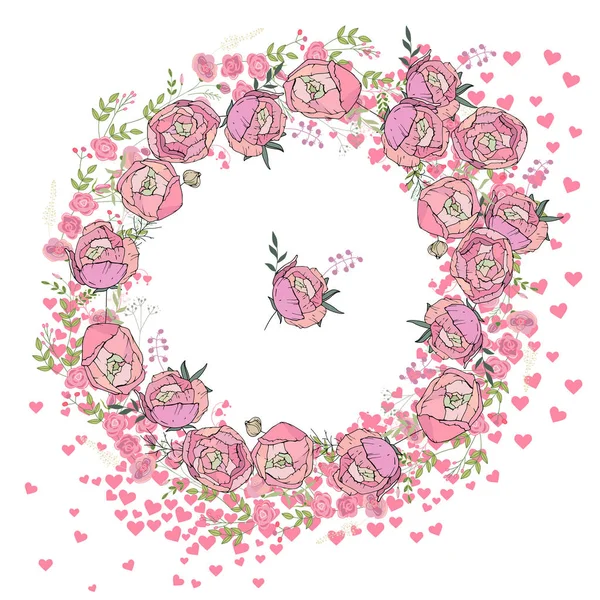 Hübsche Rosa Rosen Isoliert Auf Weiß Rundrahmen — Stockvektor