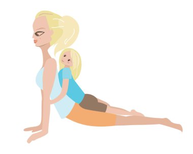 Anne ve kızı birlikte yoga egzersizi yapıyorlar. Benzer spor kıyafetleriyle beyaz arka planda izole edilmiş insanlar