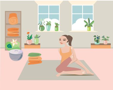 Kadın rahat bir odada yoga yapıyor. Etrafta bir sürü bitki var.