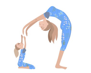 Anne ve kızı birlikte yoga egzersizi yapıyorlar. Benzer spor kıyafetleriyle beyaz arka planda izole edilmiş insanlar